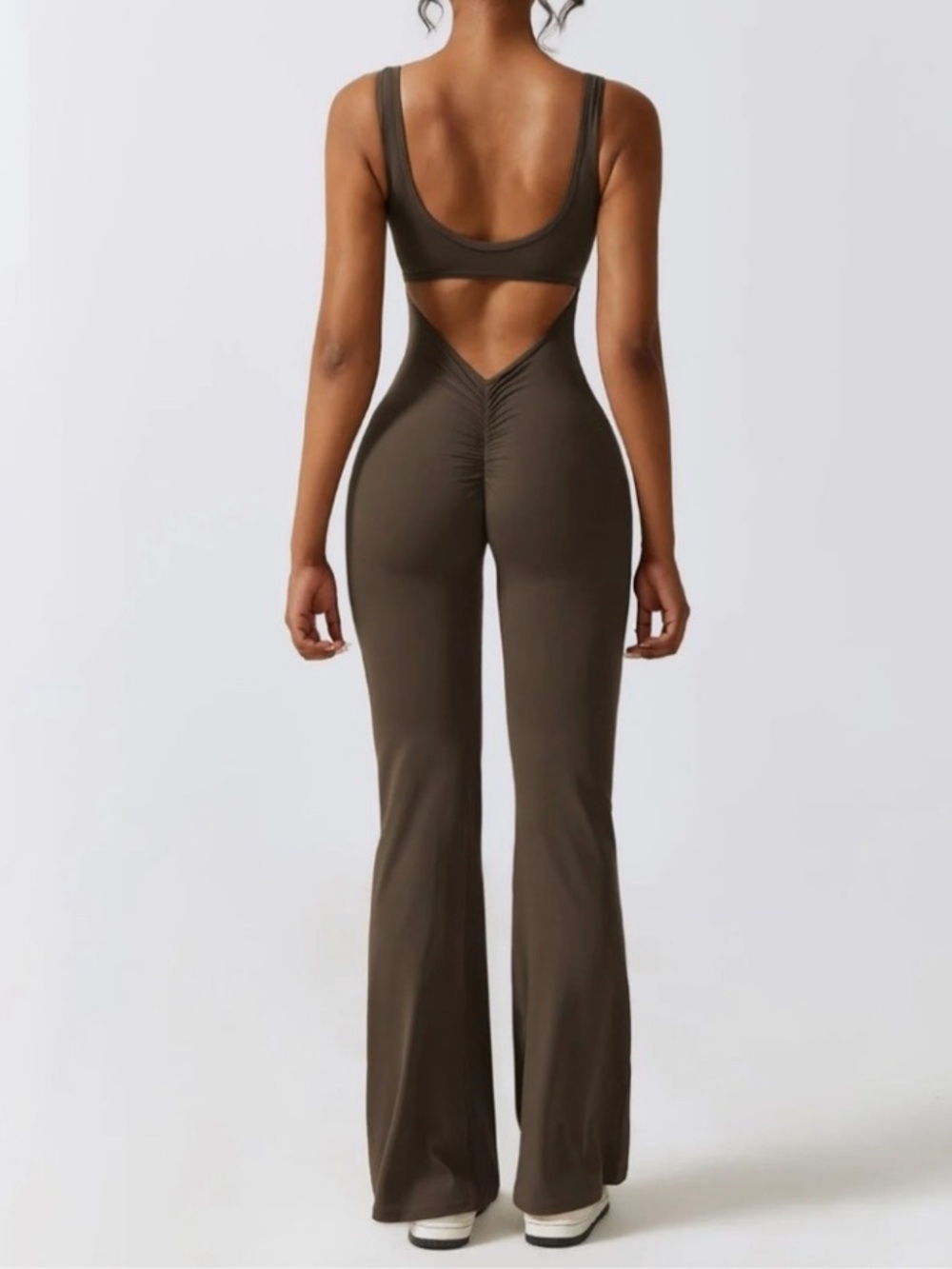 AMAZON Everlyhootd Chocolate Brown Yoga Square Neck Flared Leg Jumpsuit S NWT